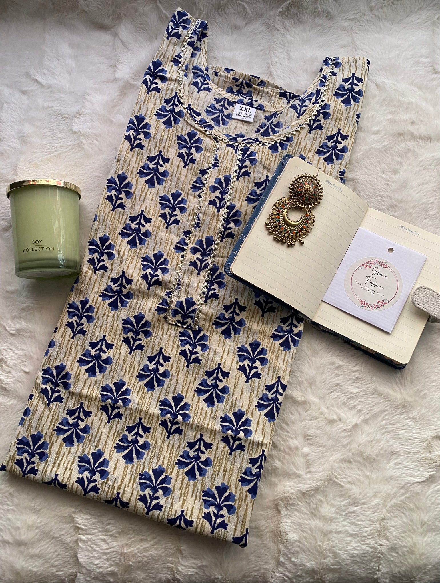 Elegant Blue Floral Cotton Kurti with White Embroidered Dupatta