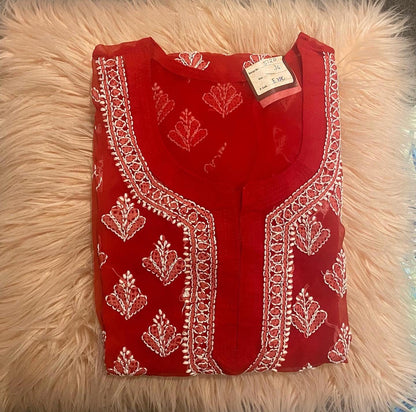 Handmade Lucknowi Chikankari Kurti -Beautiful Red with matching Cotton Inner