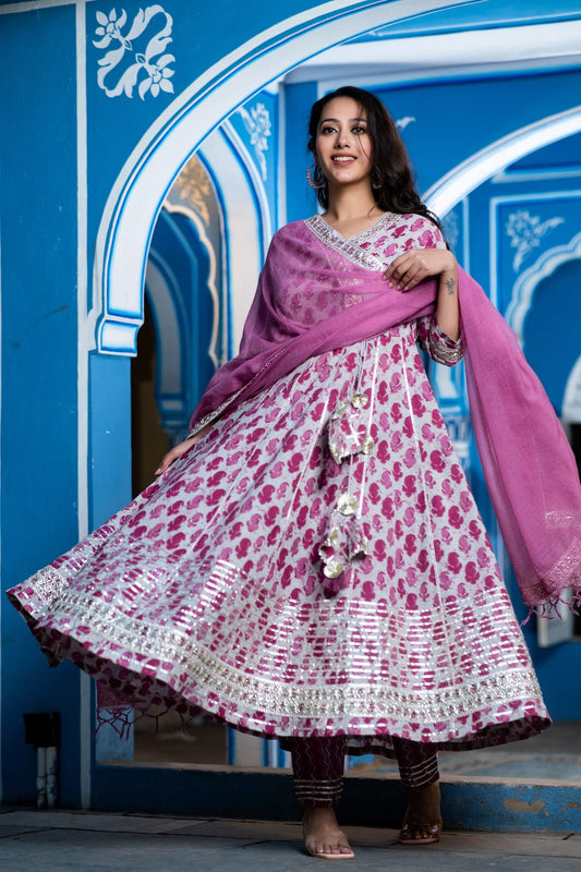 Anarkali cotton three-piece set with Chiffon Dupatta