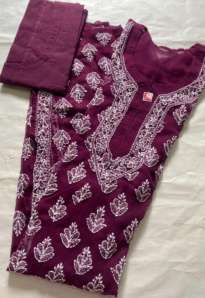 Handmade Lucknowi Chikankari Kurti -Wine Red with matching Cotton Inner.