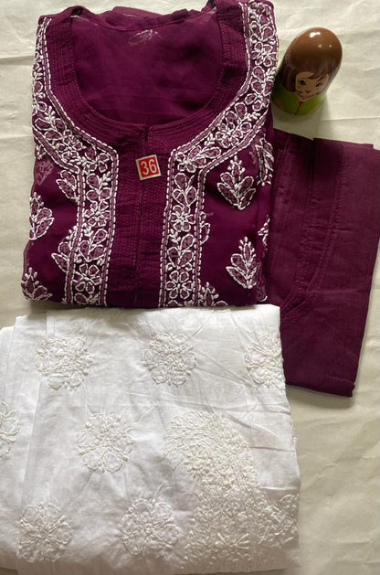 Handmade Lucknowi Chikankari Kurti -Wine Red with matching Cotton Inner.