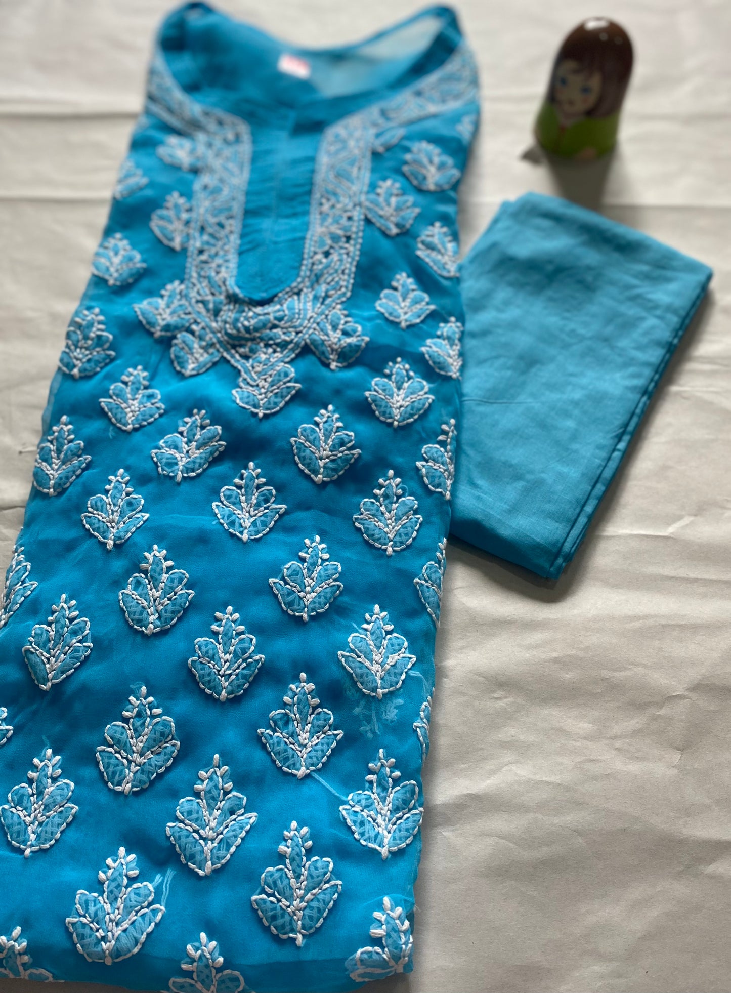 Handmade Lucknowi Chikankari Kurti -Light Blue with matching Cotton Inner.