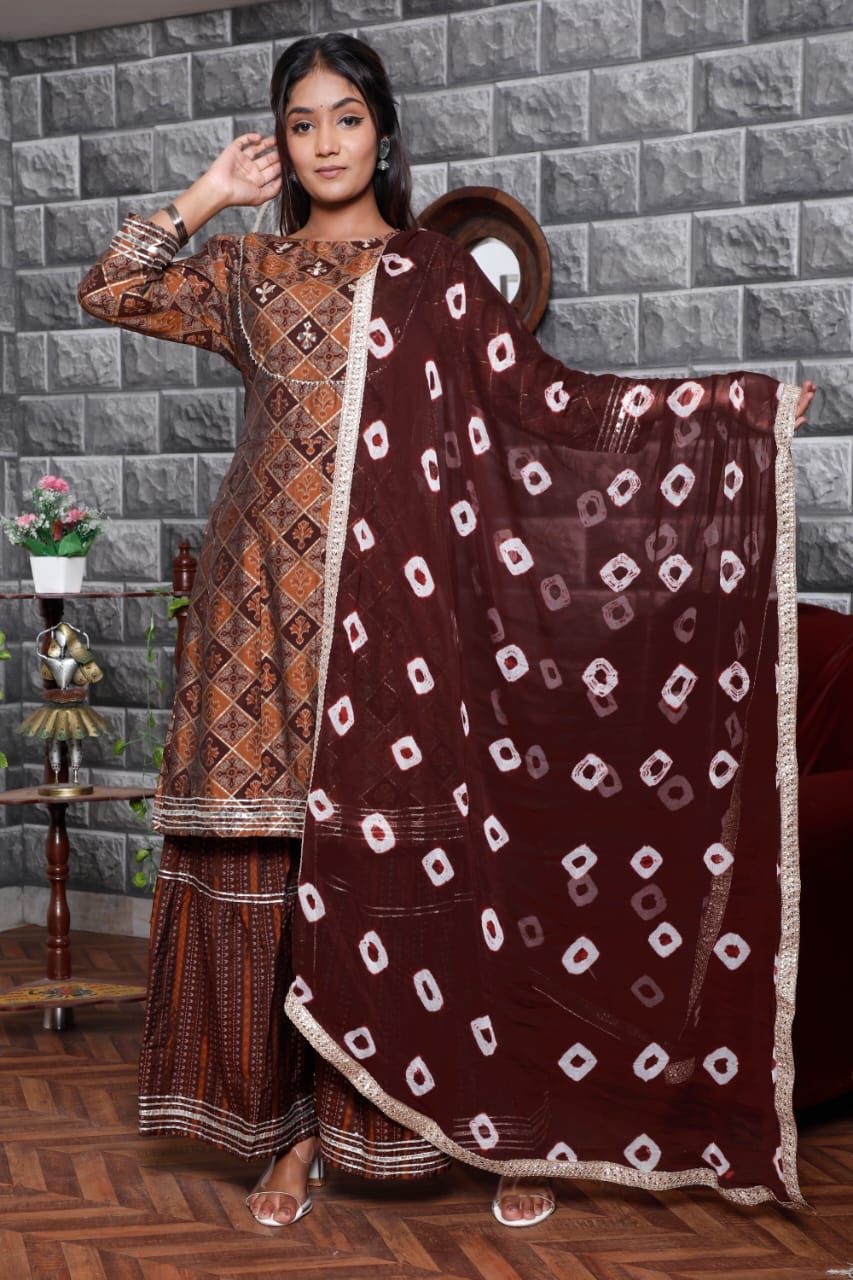 Brown Crepe Ethnic Kurta With Sharara set