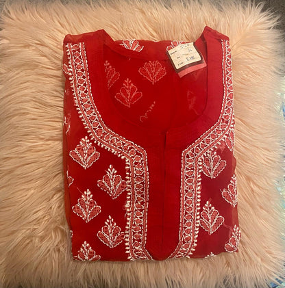 Handmade Lucknowi Chikankari Kurti -Beautiful Red with matching Cotton Inner