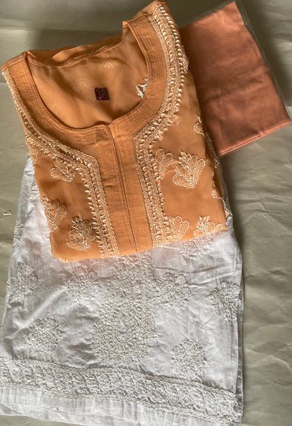 Handmade Lucknowi Chikankari Kurti -Orange with matching Cotton Inner.