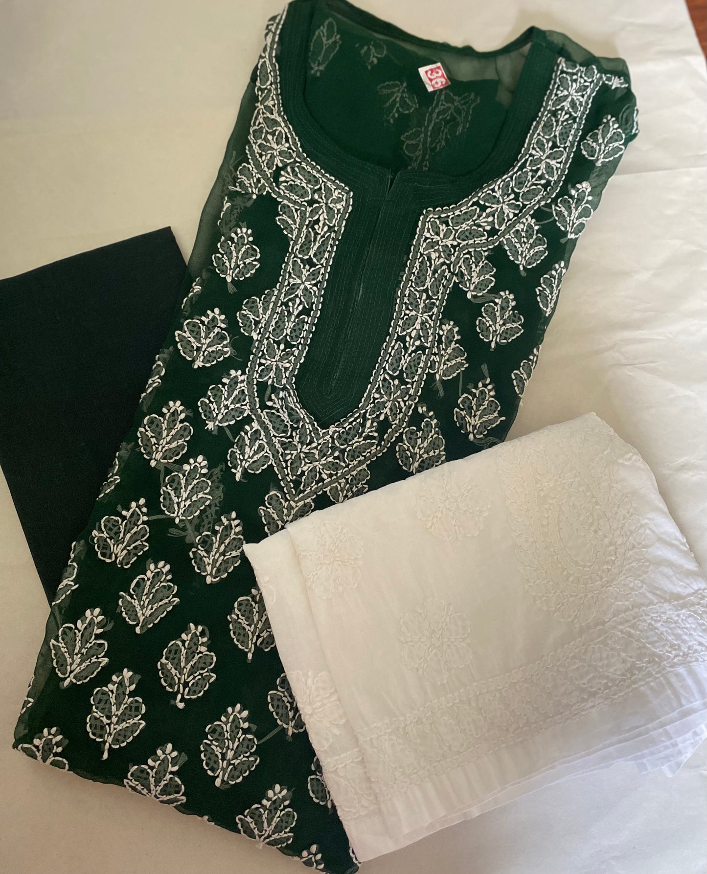 Handmade Lucknowi Chikankari Kurti -Bottle Green with matching Cotton Inner/Slip