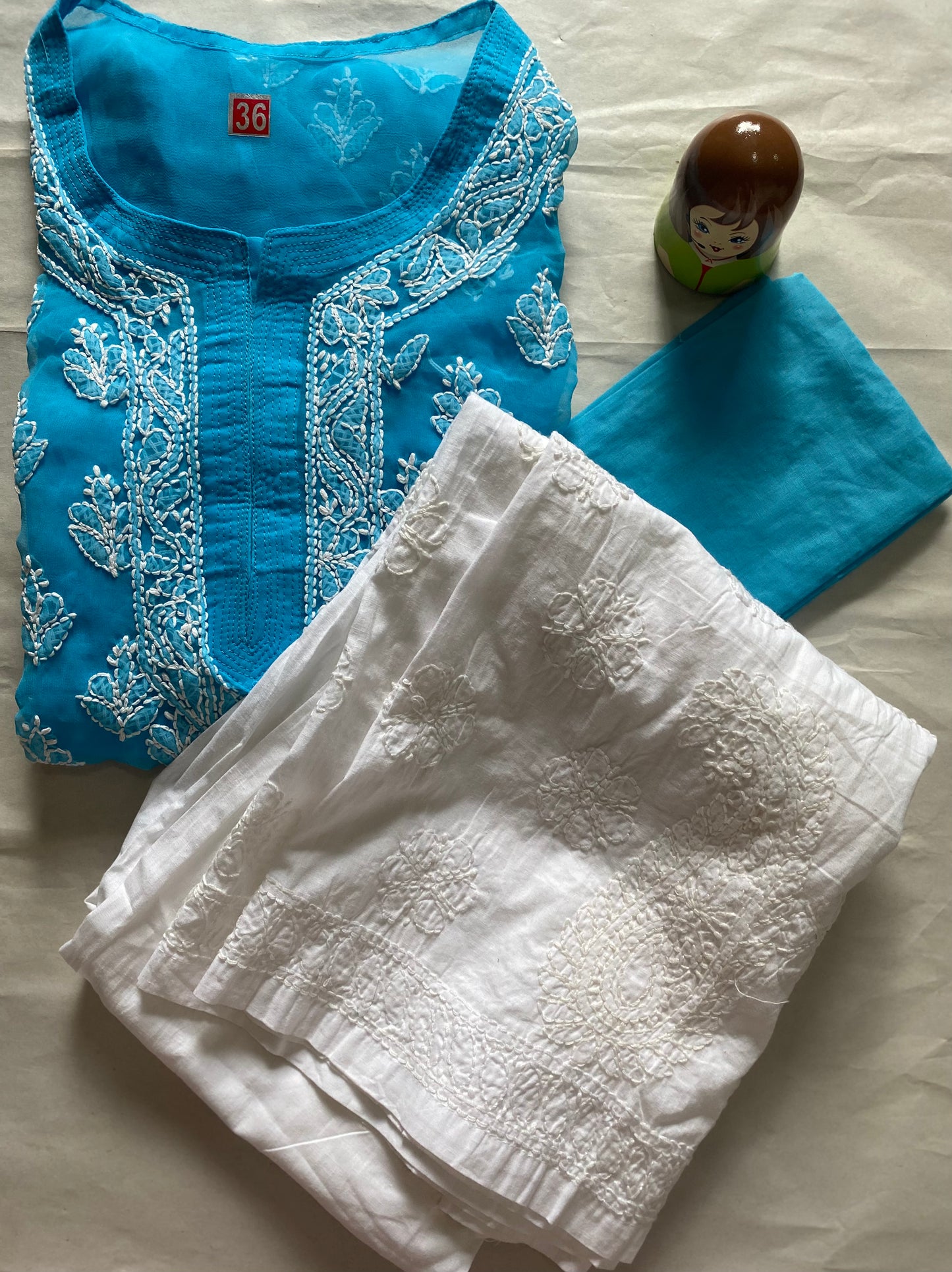 Handmade Lucknowi Chikankari Kurti -Light Blue with matching Cotton Inner.