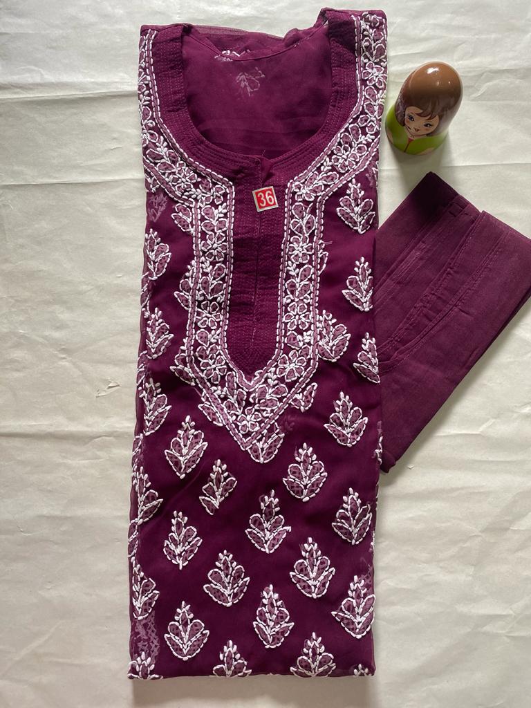 Handmade Lucknowi Chikankari Kurti -Wine Red with matching Cotton Inner.