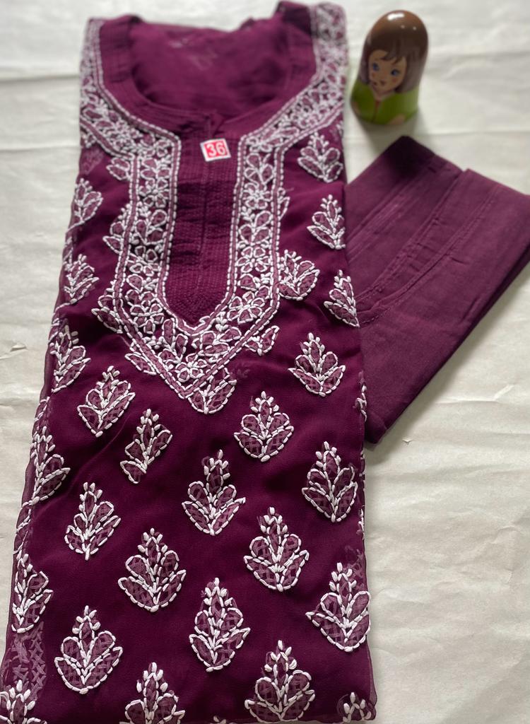 Handmade Lucknowi Chikankari Kurti -Wine Red with matching Cotton Inner.