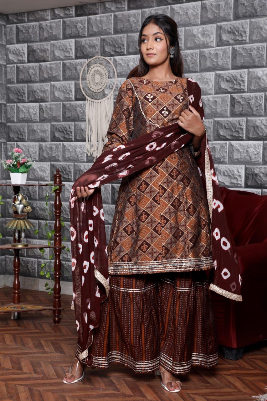 Brown Crepe Ethnic Kurta With Sharara set