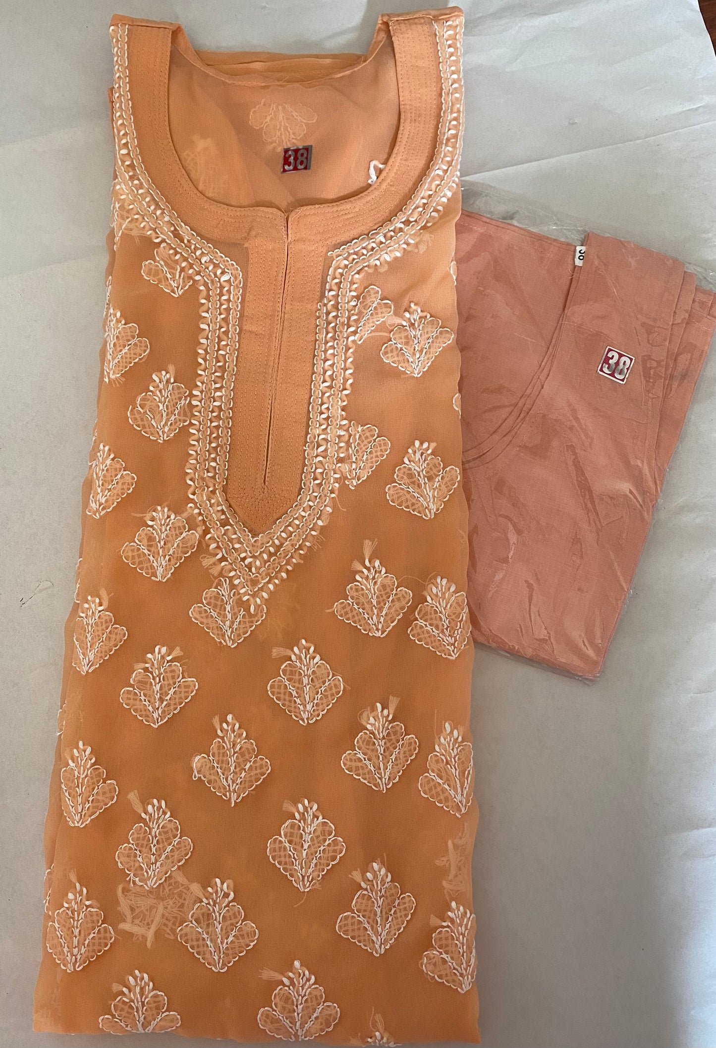 Handmade Lucknowi Chikankari Kurti -Orange with matching Cotton Inner.