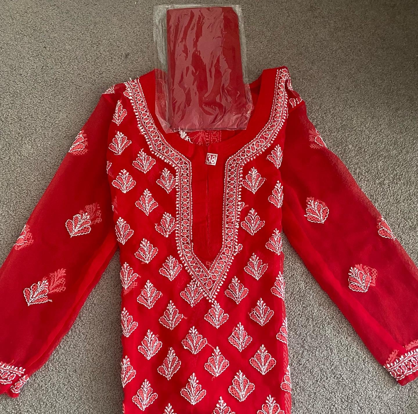 Handmade Lucknowi Chikankari Kurti -Beautiful Red with matching Cotton Inner