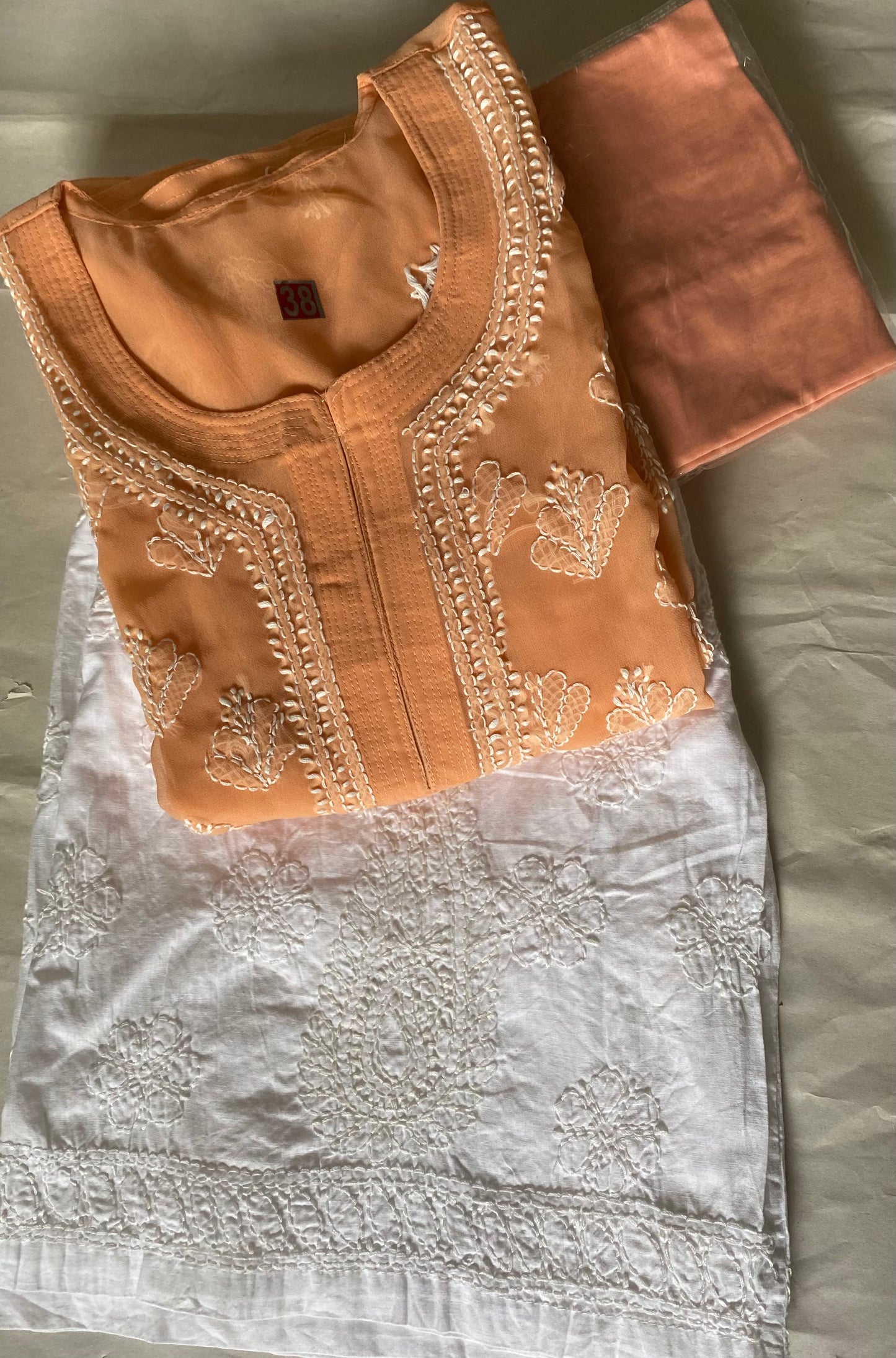 Handmade Lucknowi Chikankari Kurti -Orange with matching Cotton Inner.