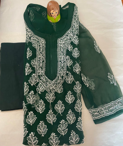 Handmade Lucknowi Chikankari Kurti -Bottle Green with matching Cotton Inner/Slip