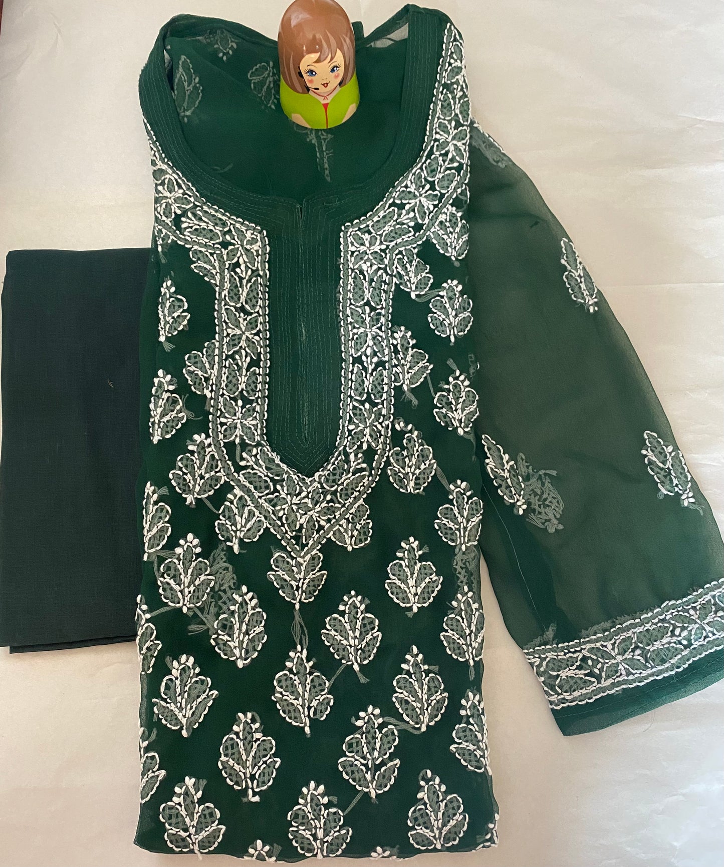 Handmade Lucknowi Chikankari Kurti -Bottle Green with matching Cotton Inner/Slip