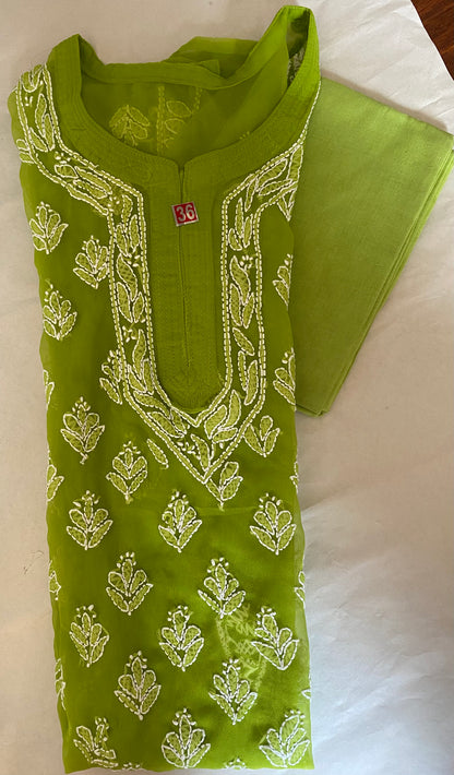 Handmade Lucknowi Chikankari Kurti -Light Green with matching Cotton Inner.