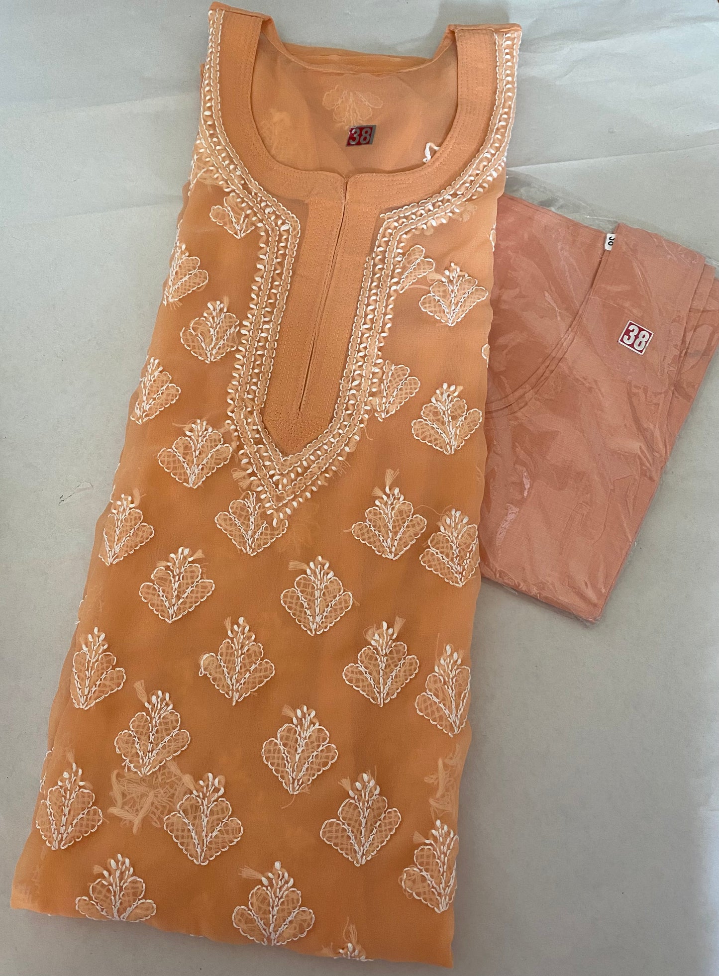 Handmade Lucknowi Chikankari Kurti -Orange with matching Cotton Inner.