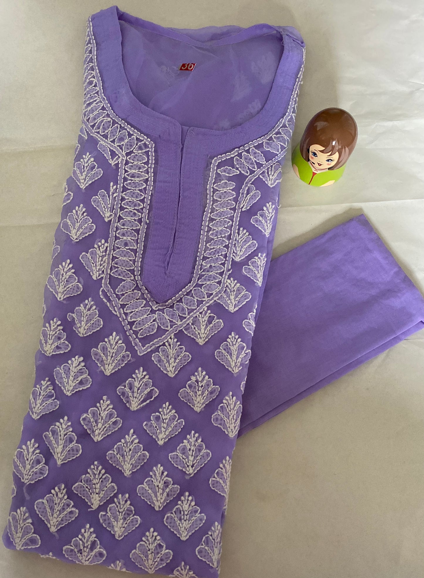 Handmade Lucknowi Chikankari Kurti -Lavender with matching Cotton Inner