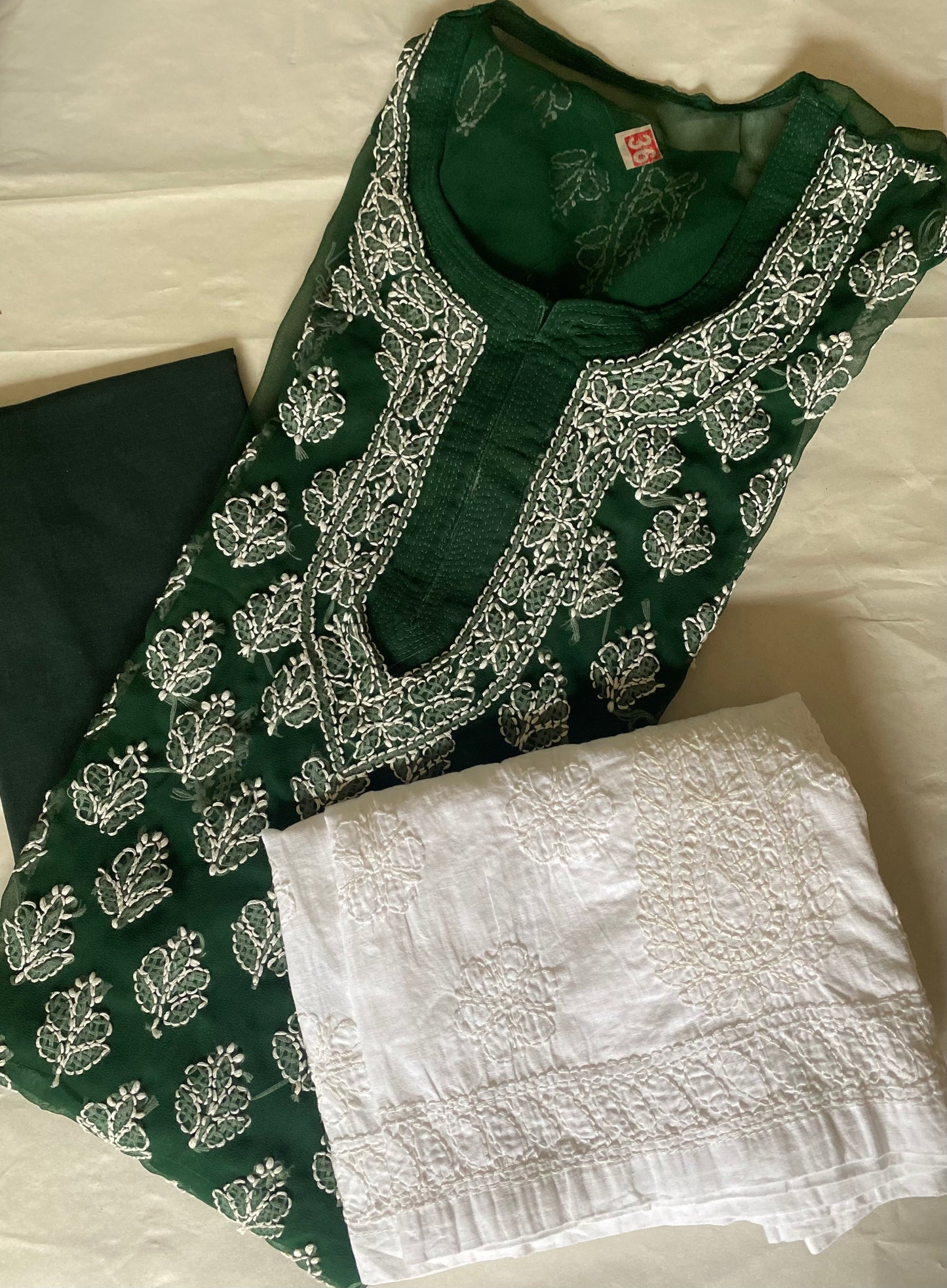 Handmade Lucknowi Chikankari Kurti -Bottle Green with matching Cotton Inner/Slip