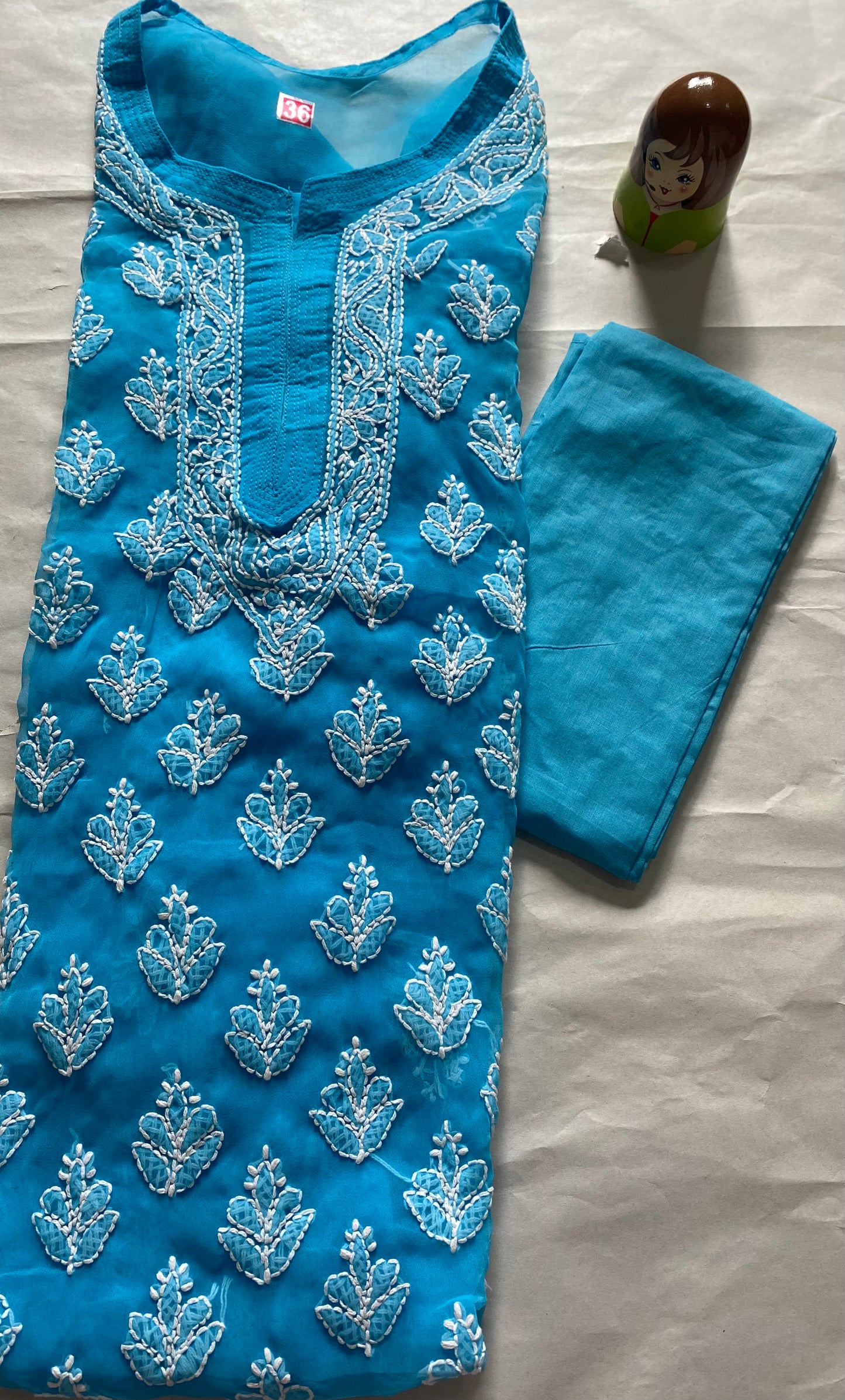 Handmade Lucknowi Chikankari Kurti -Light Blue with matching Cotton Inner.