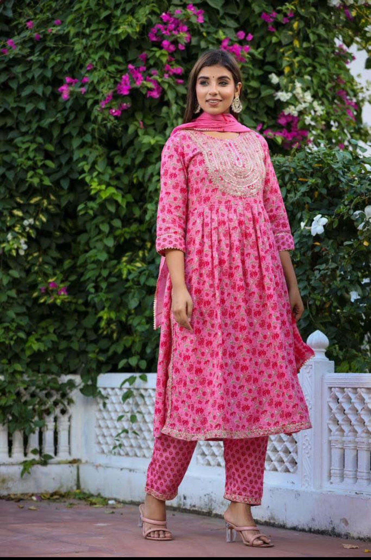 Pink Floral Embroidered Pure Cotton Set
