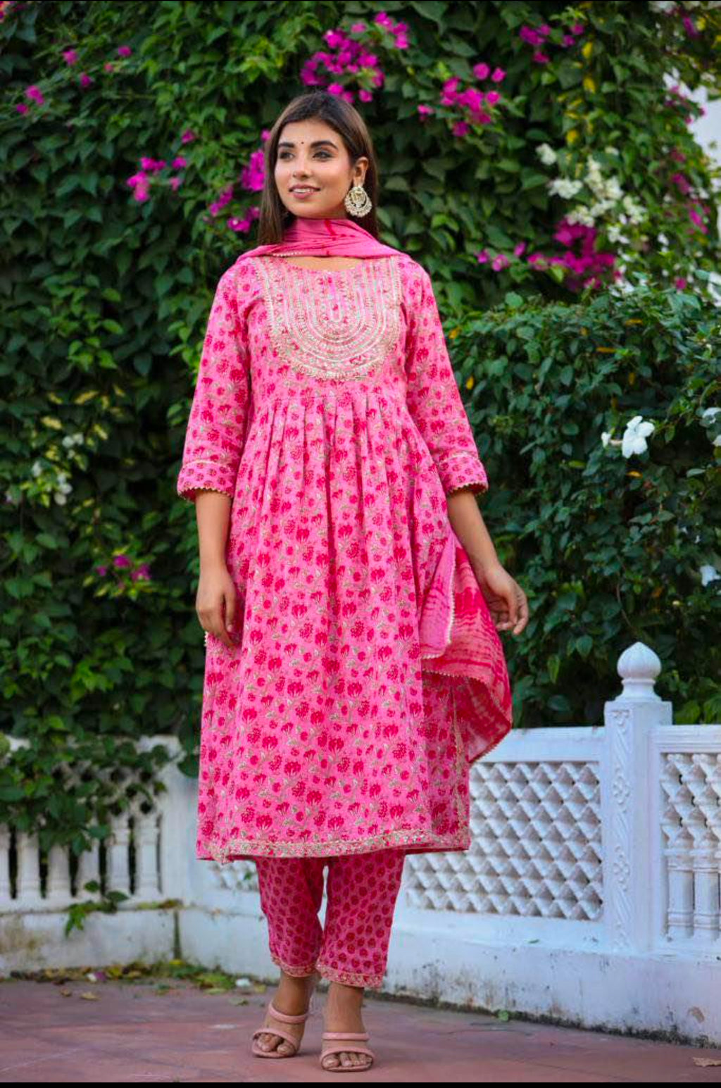 Pink Floral Embroidered Pure Cotton Set
