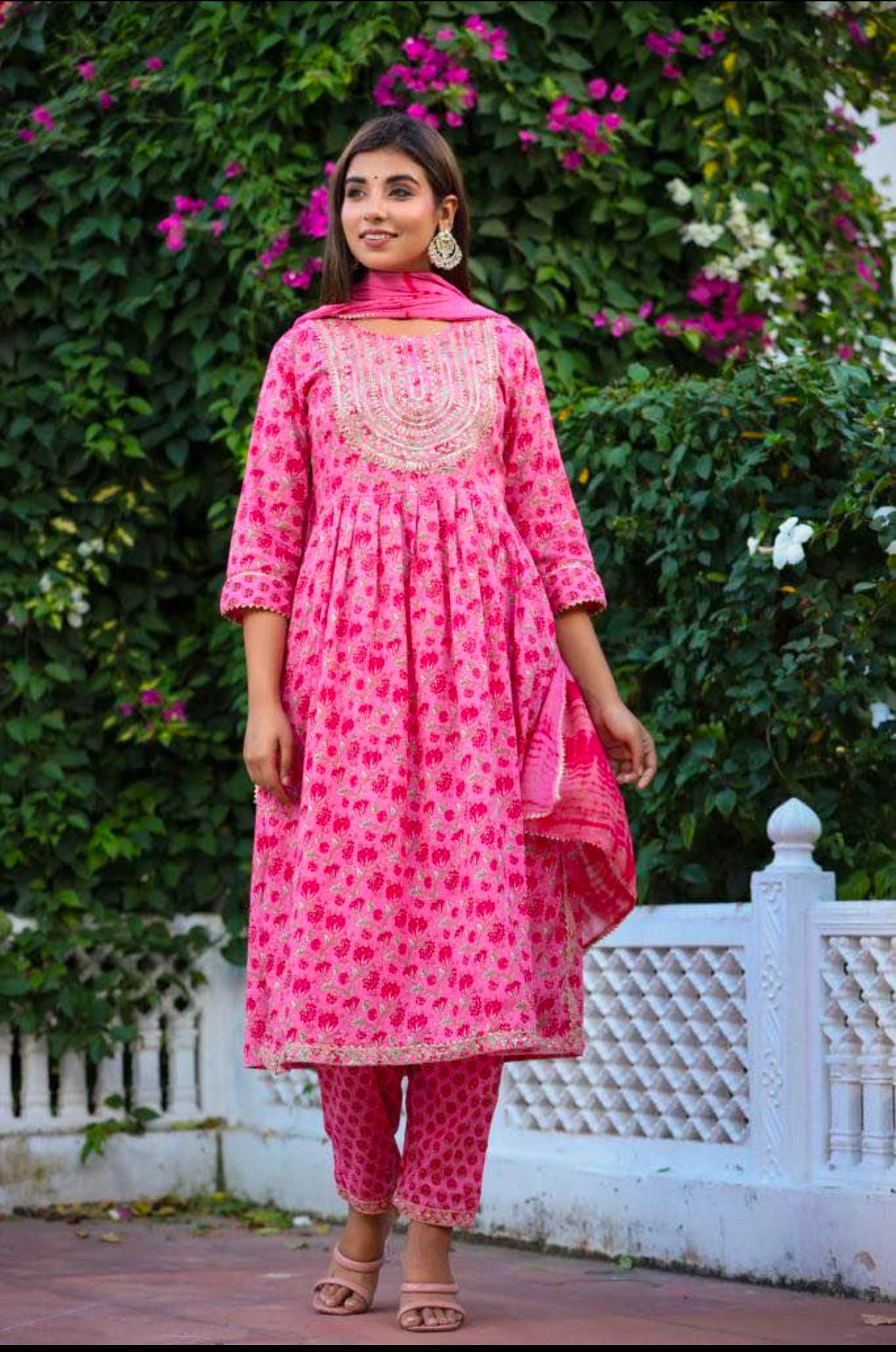 Pink Floral Embroidered Pure Cotton Set