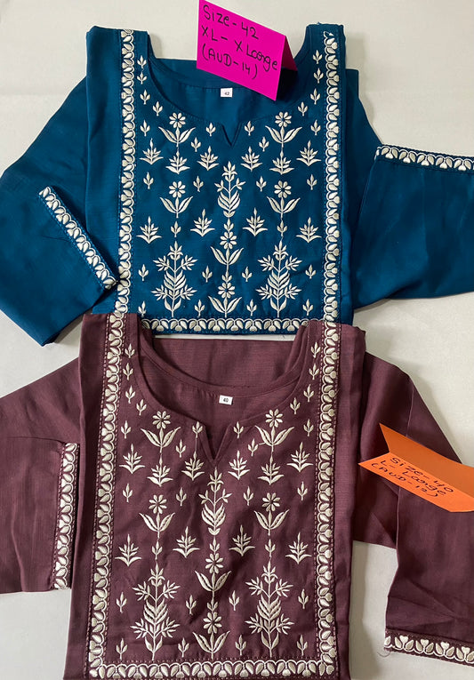 Peacock Blue & Chocolate Brown Embroidered Cotton Kurti Sets