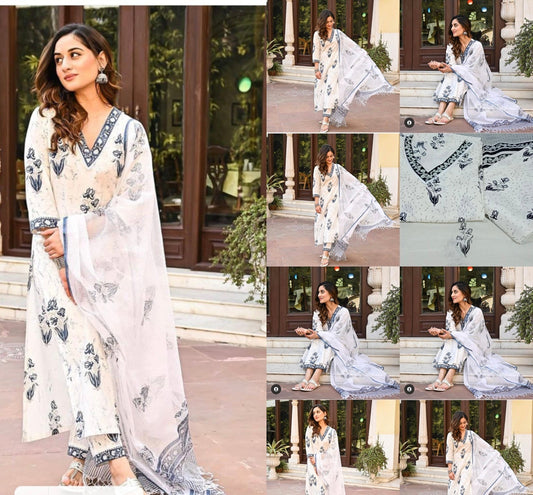 Three-Piece Floral Cotton Kurta Set in an elegant off-white color