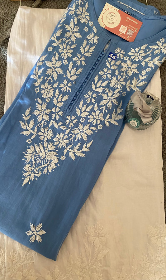 Soft Muslin Fabric Chikankari Kurti available in Grey Blue