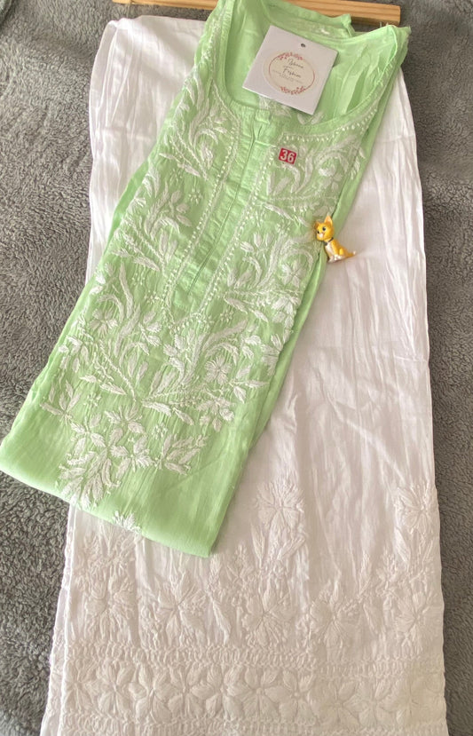 Soft Muslin Fabric Chikankari Kurti available in Pista Green