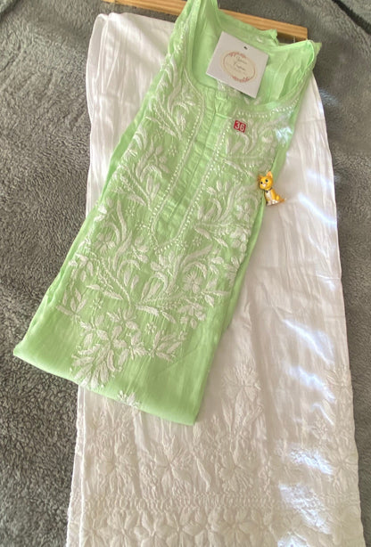 Soft Muslin Fabric Chikankari Kurti available in Pista Green