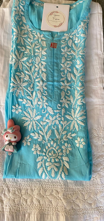 Soft Muslin Fabric Chikankari Kurti available in Sky Blue