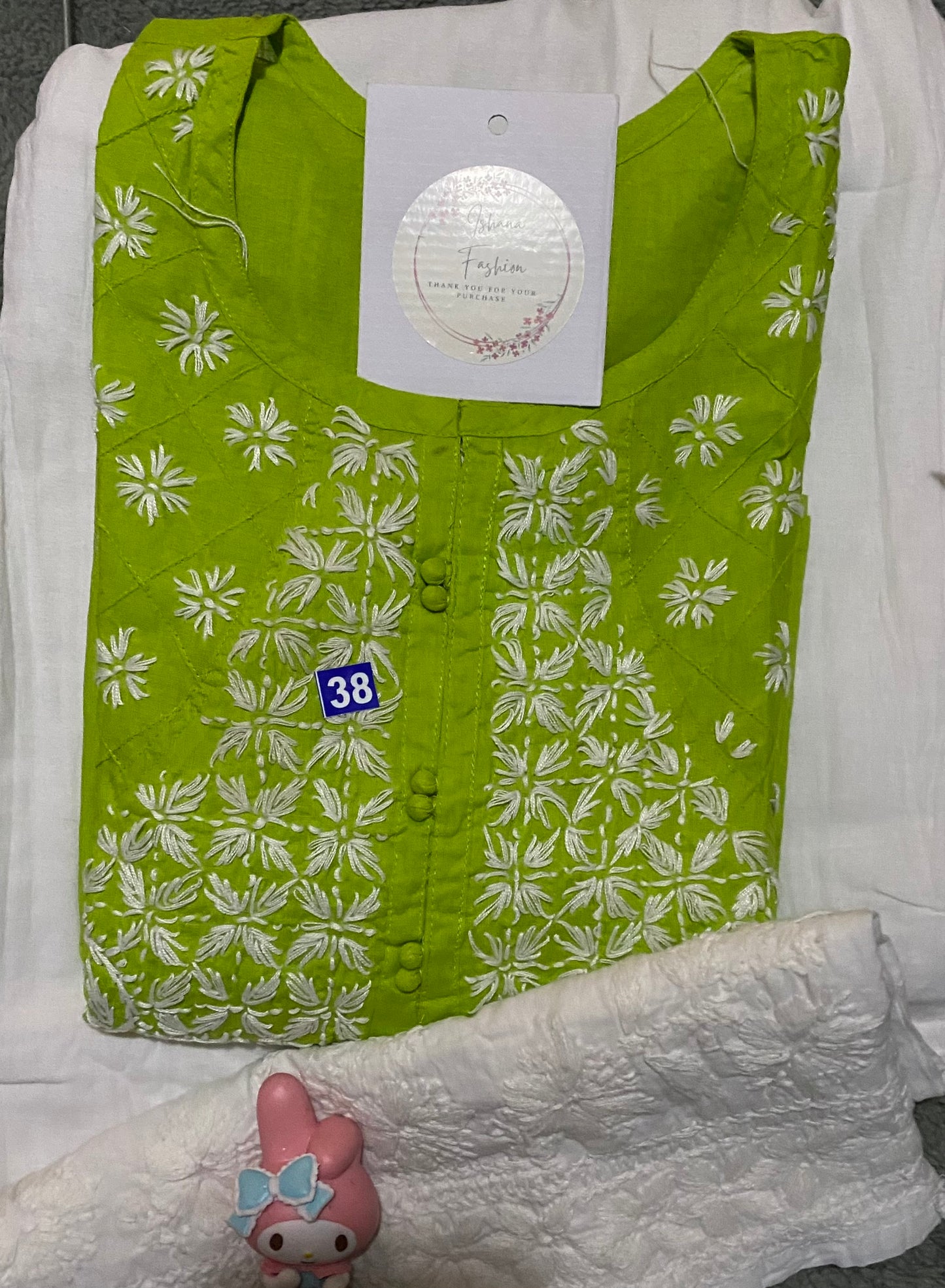 Pure Cotton Chikankari Kurti in light shades - Lime Green/Carrot/Pink