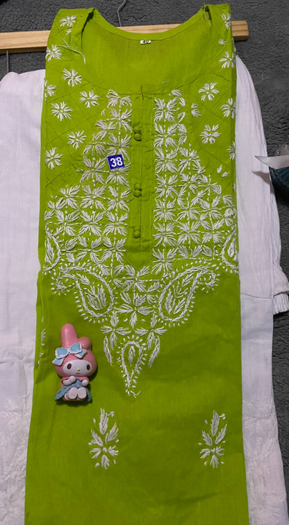 Pure Cotton Chikankari Kurti in light shades - Lime Green/Carrot/Pink