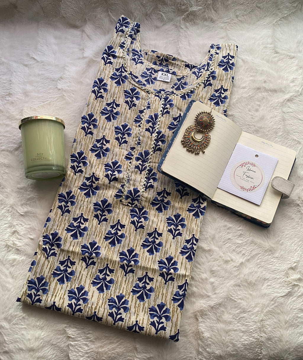 Elegant Blue Floral Cotton Kurti with White Embroidered Dupatta