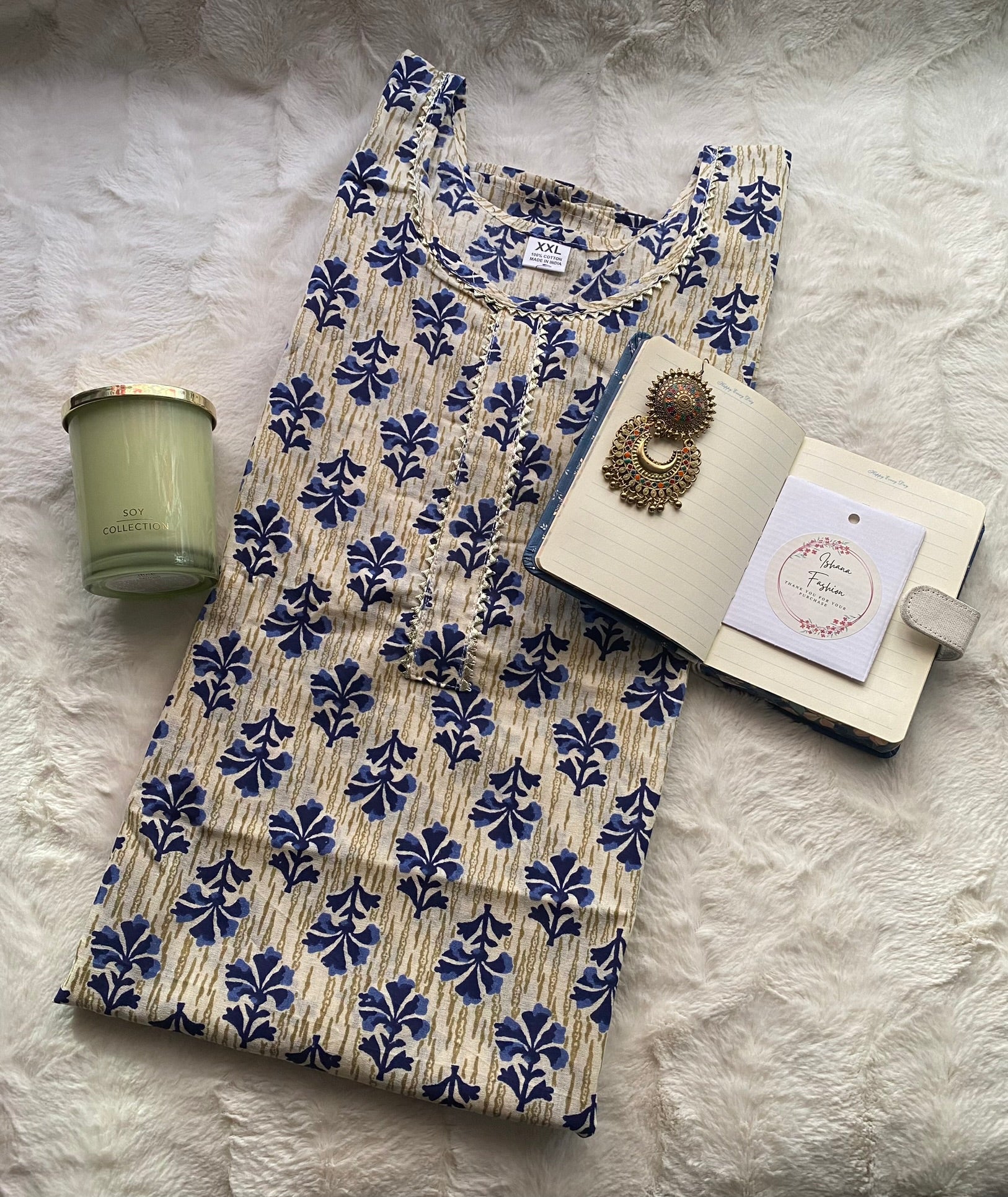 Elegant Blue Floral Cotton Kurti with White Embroidered Dupatta