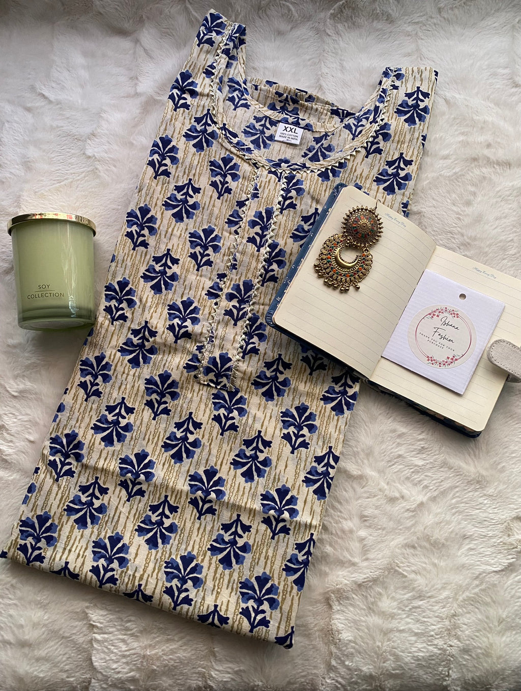Elegant Blue Floral Cotton Kurti with White Embroidered Dupatta