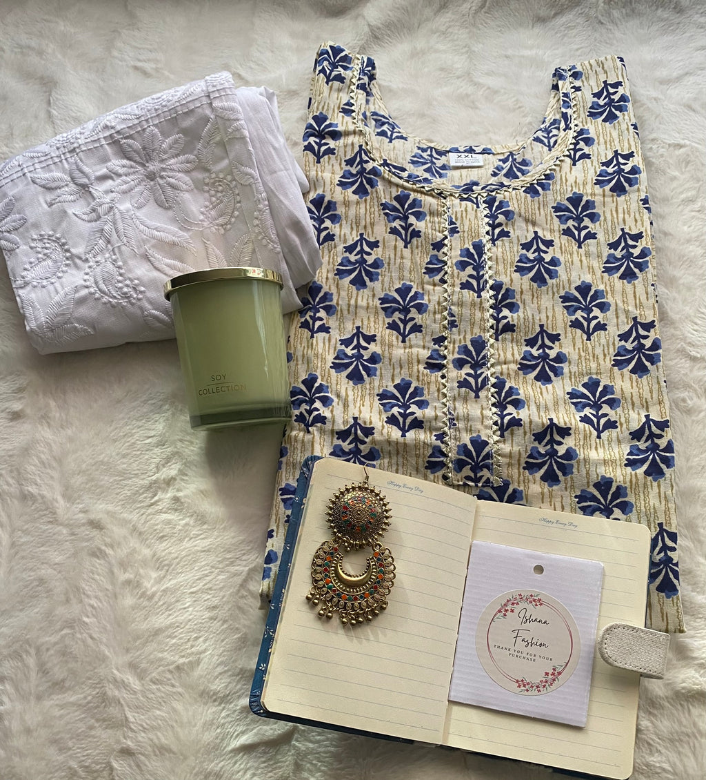 Elegant Blue Floral Cotton Kurti with White Embroidered Dupatta