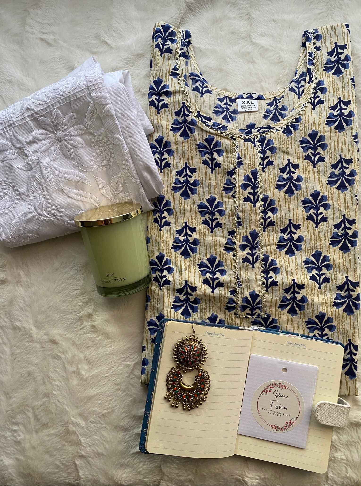 Elegant Blue Floral Cotton Kurti with White Embroidered Dupatta
