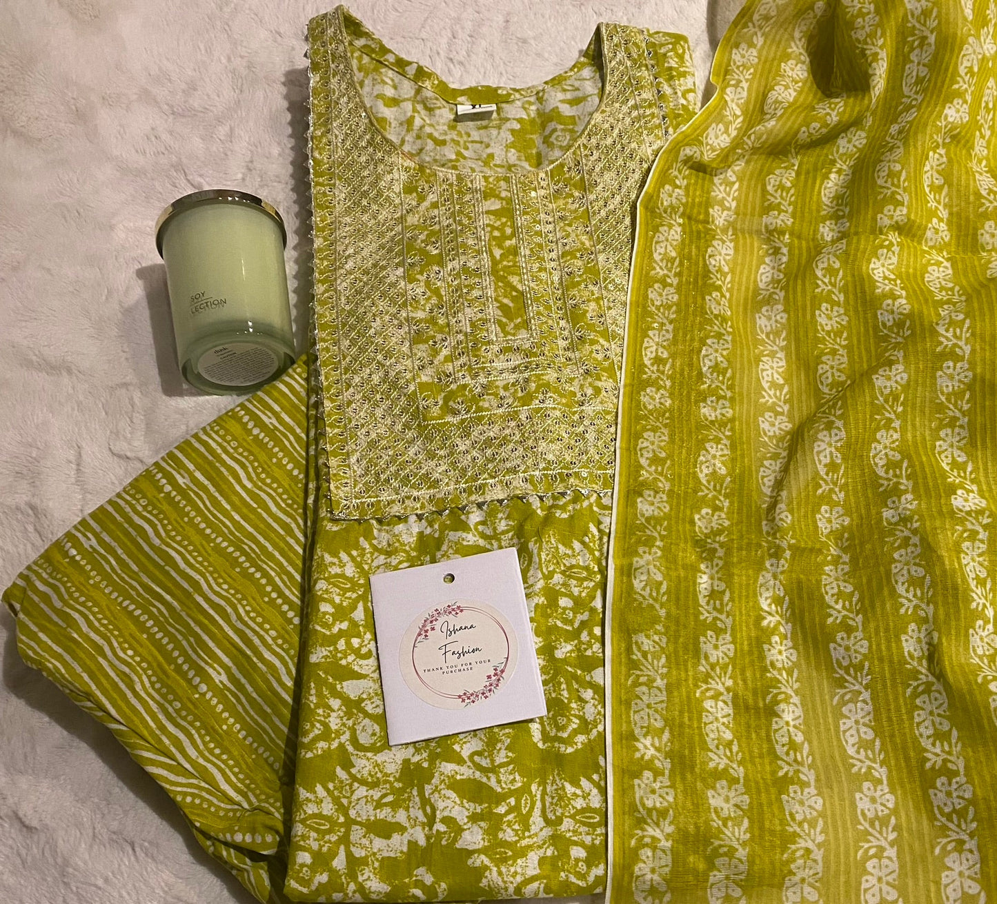 Three-Piece Floral Cotton Kurta Set in an elegant light green color