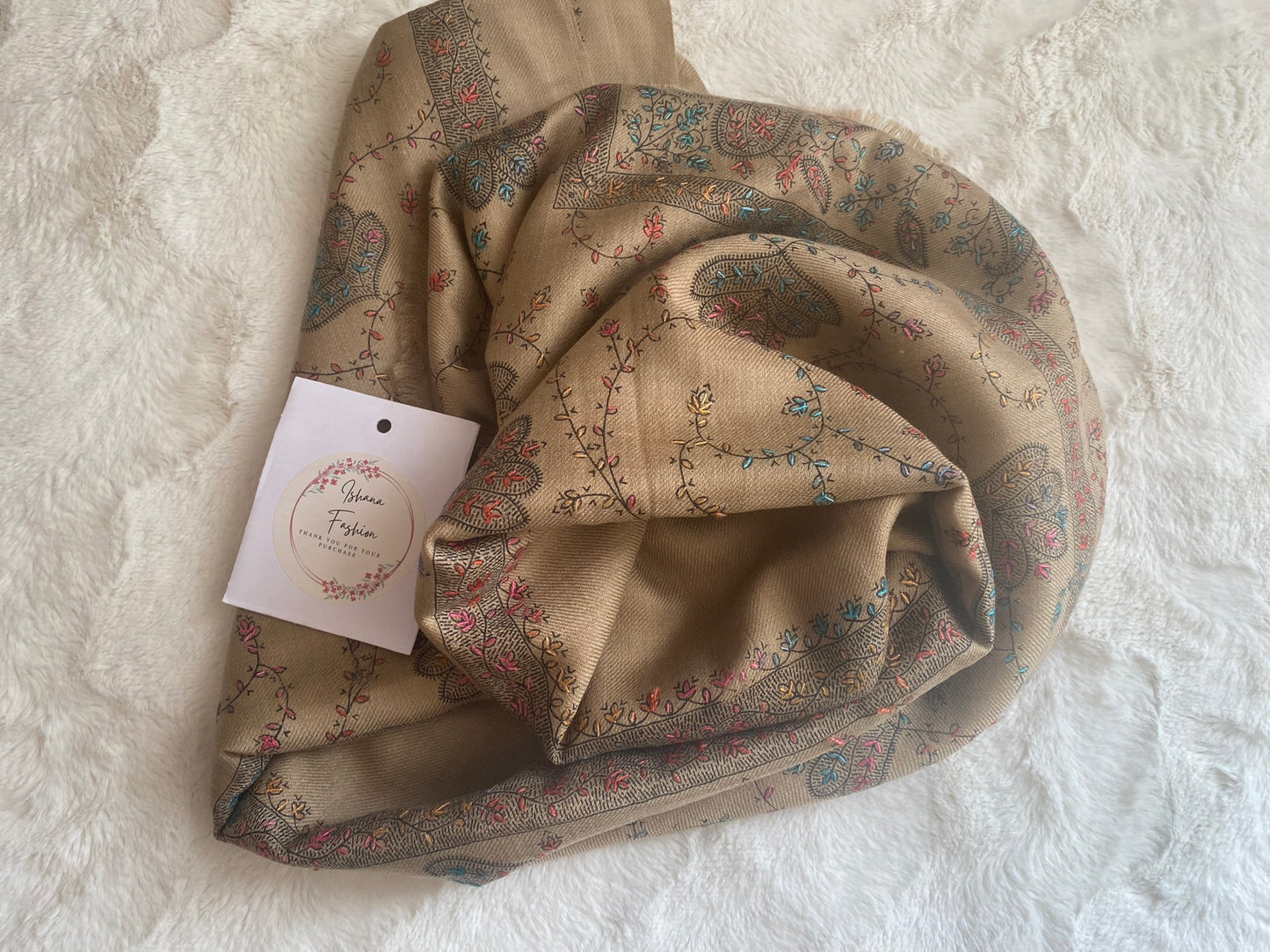 Embroidered Ladies’ Shawls in Beautiful Almond Shade