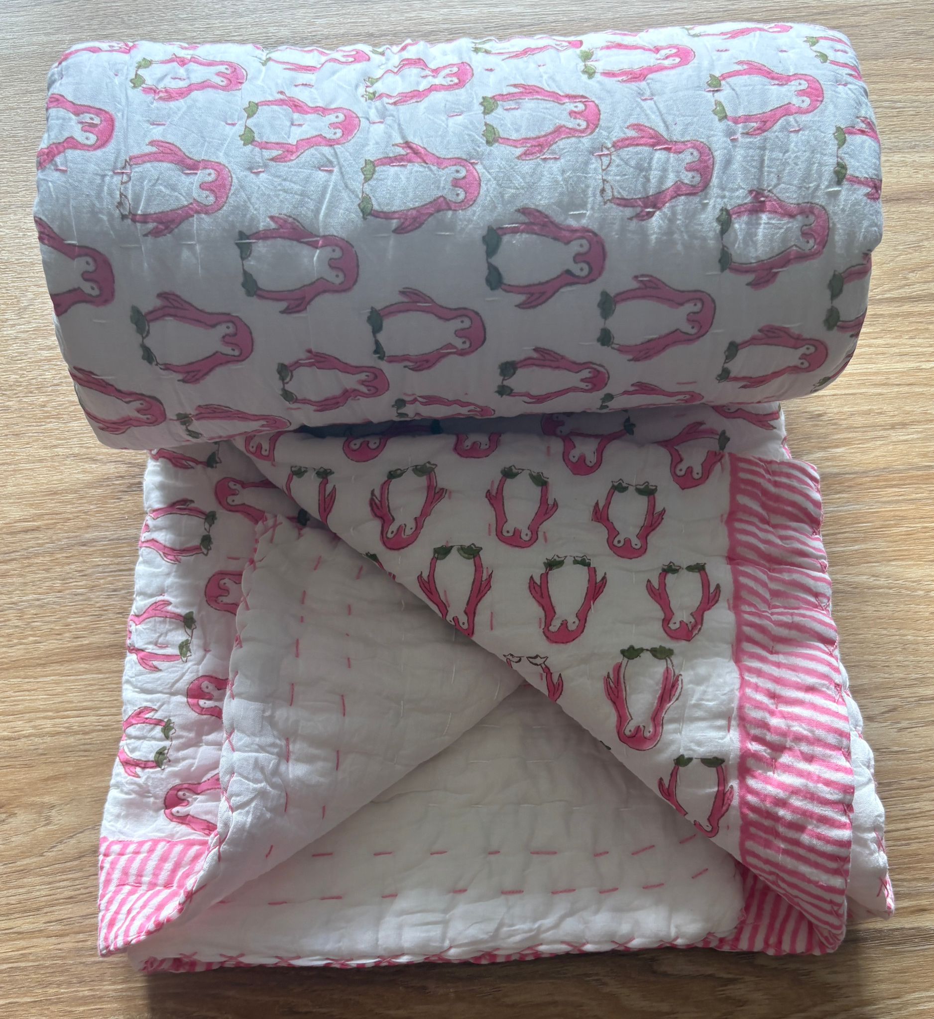 Blue Elephant Hand-Blocked Baby Quilt