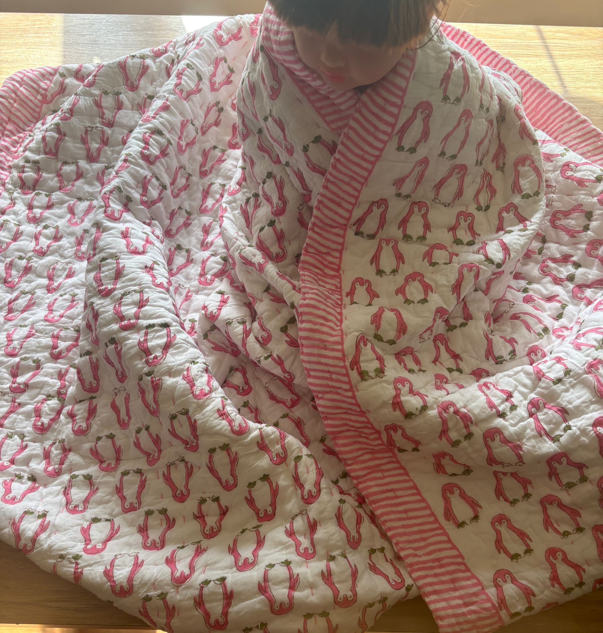 Blue Elephant Hand-Blocked Baby Quilt