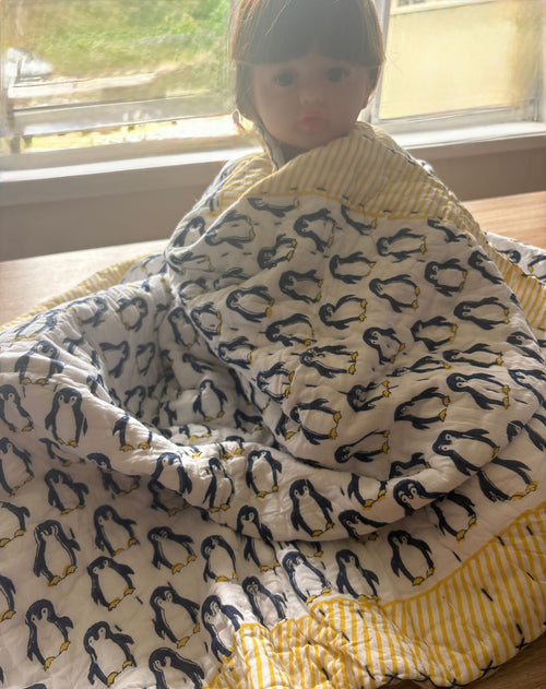 Artisanal Hand-Blocked Blue Elephant Cotton Baby Quilt