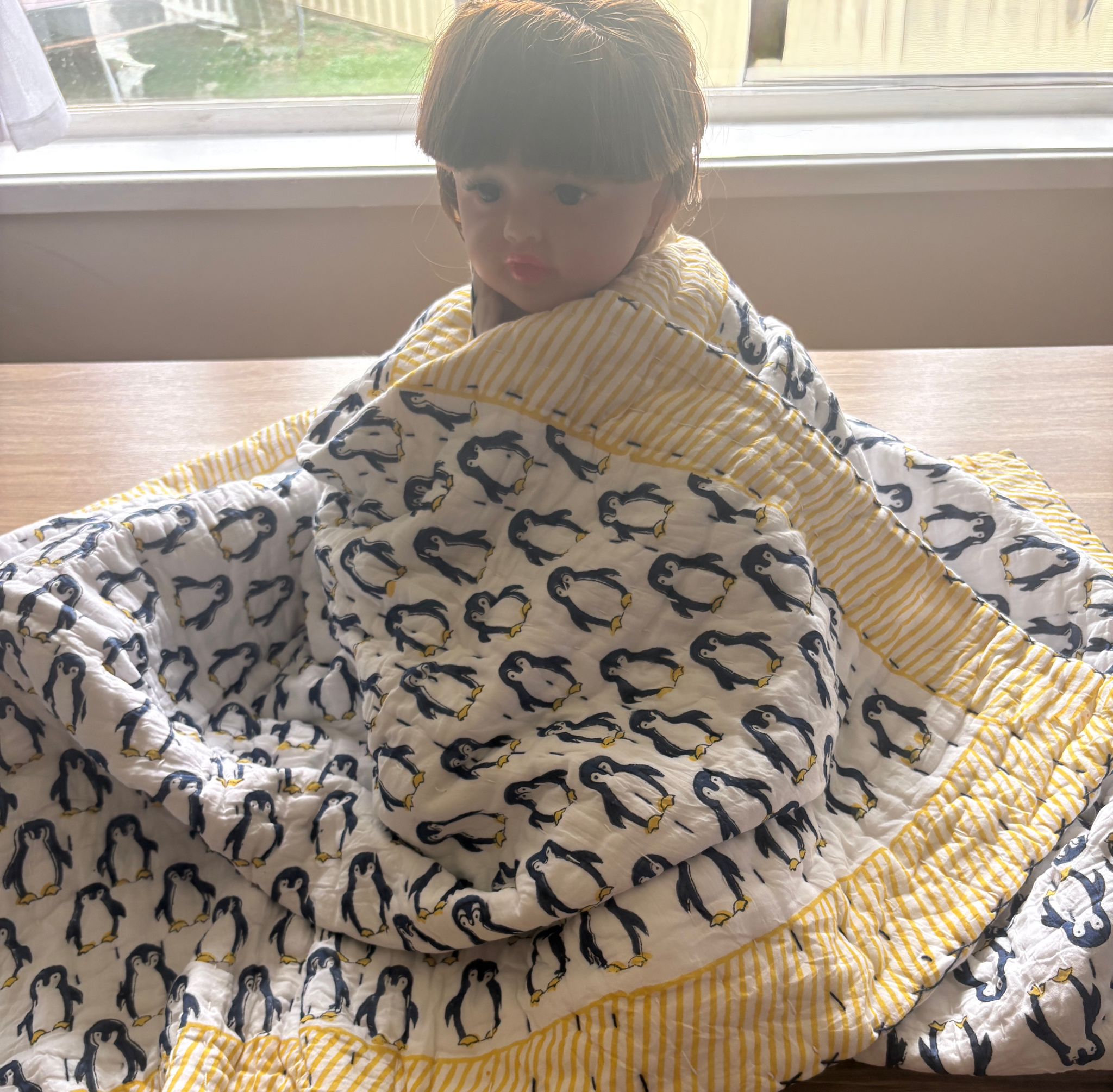 Artisanal Hand-Blocked Blue Elephant Cotton Baby Quilt