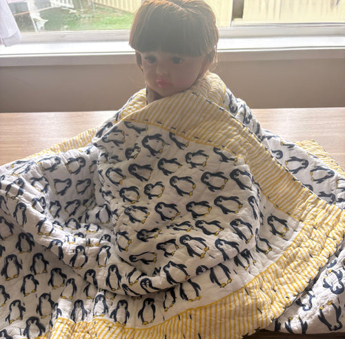 Artisanal Hand-Blocked Blue Elephant Cotton Baby Quilt