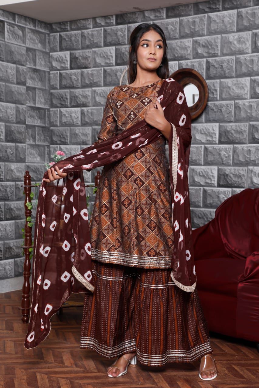 Brown Crepe Ethnic Kurta With Sharara set