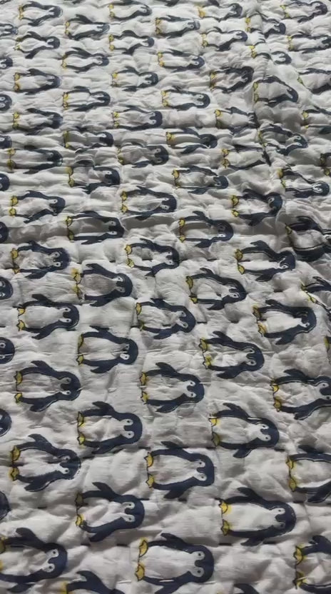 Artisanal Hand-Blocked Blue Elephant Cotton Baby Quilt