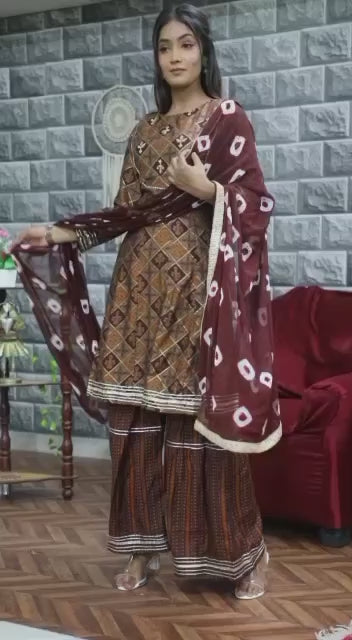 Brown Crepe Ethnic Kurta With Sharara set
